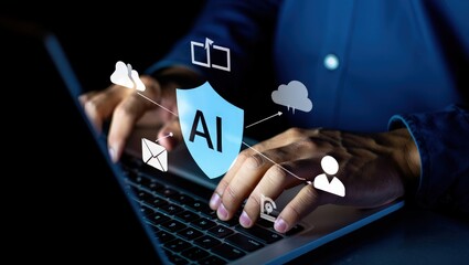 AI security and automated threat response. Artificial intelligence powered detection and prediction. Man using laptop computer with machine learning based network security system