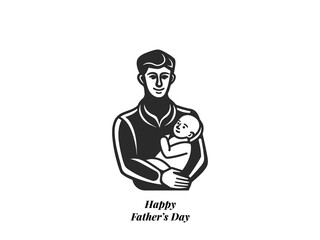 Father Holding Baby Illustration – Happy Father’s Day Vintage Line Art for Greeting Cards and Posters.
