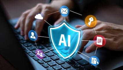 AI security and automated threat response. Artificial intelligence powered detection and prediction. Man using laptop computer with machine learning based network security system