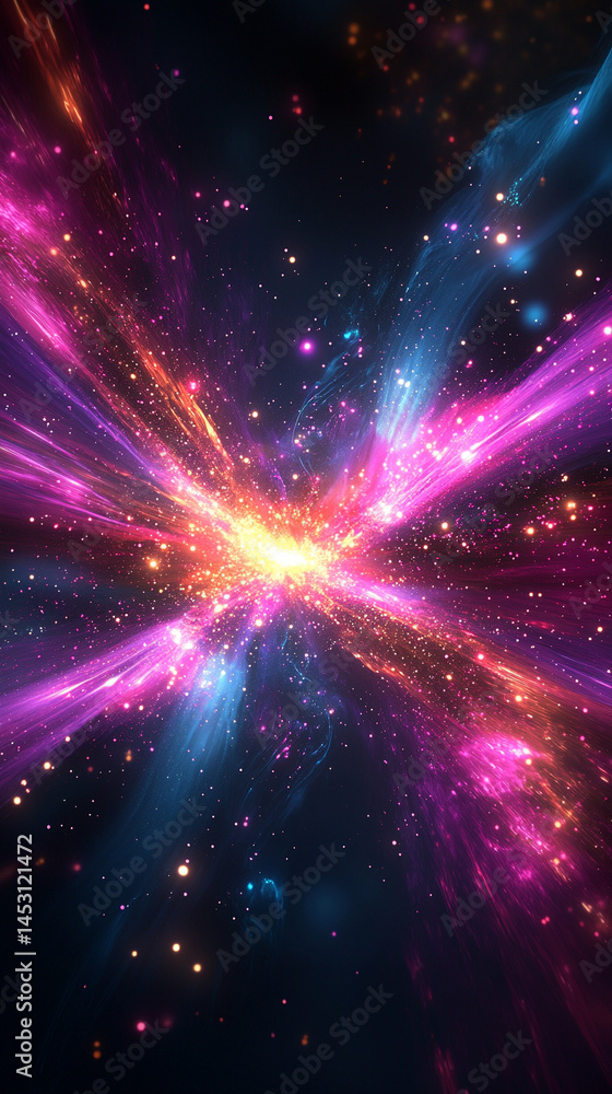Poster bright colorful light radiates from center creating starburst effect. dark background enhances lumin