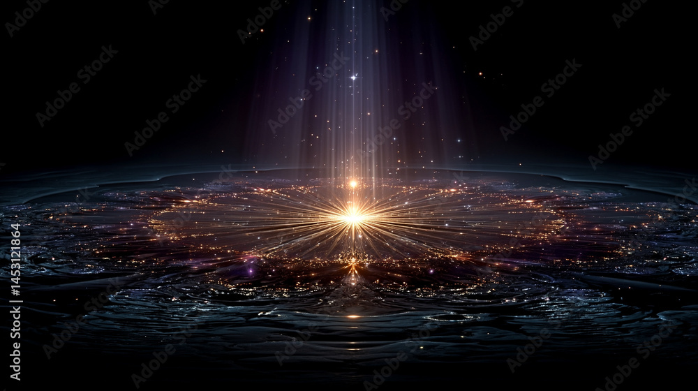 Poster bright colorful light radiates from center creating starburst effect. dark background enhances lumin