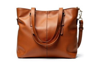 Brown leather tote bag, isolated on white background, isolated object, classic, white background