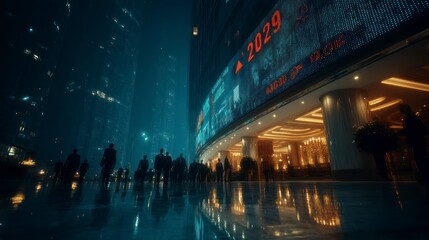 Futuristic Cityscape at Night with Digital Display and Business People Walking on Wet Streets