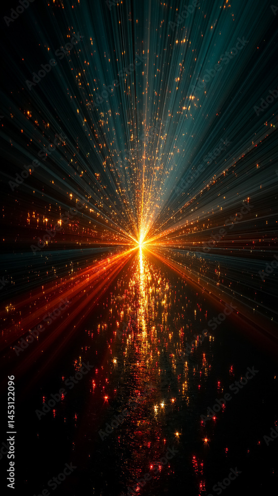 Poster bright colorful light radiates from center creating starburst effect. dark background enhances lumin