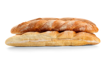 Many fresh baguettes on white background