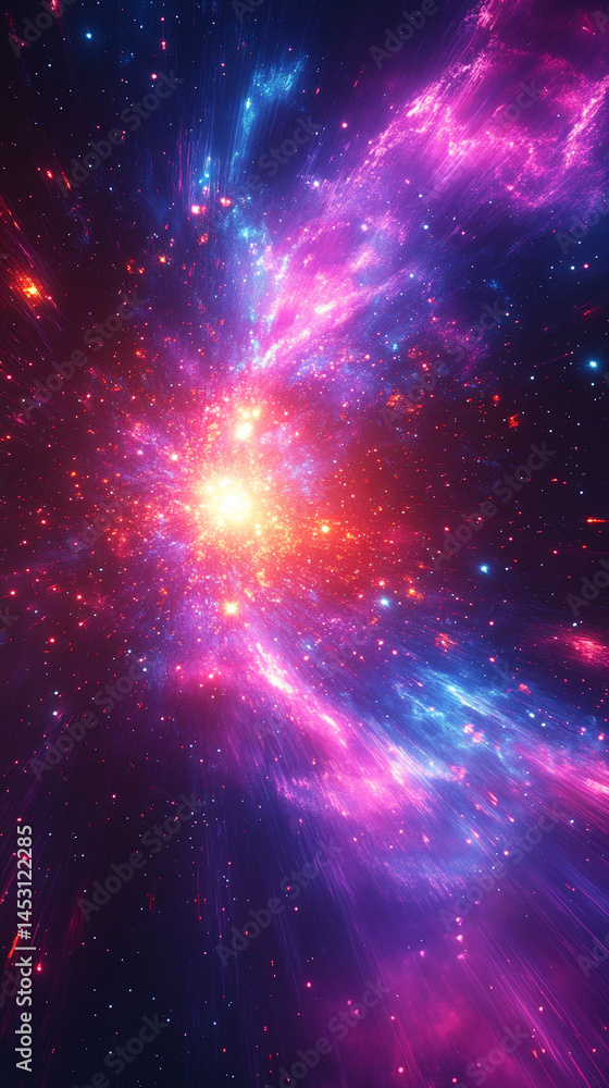Poster bright colorful light radiates from center creating starburst effect. dark background enhances lumin