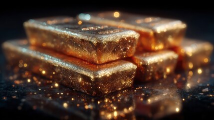 Golden Bars Stacked in a Wealthy Display of Precious Metal Sparkling with Light and Reflection
