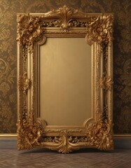 Intricate gold frames adorn rich damask fabric with floral motifs, elegant floor ,  silk,  art
