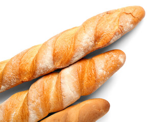 Fresh baguettes on white background, closeup