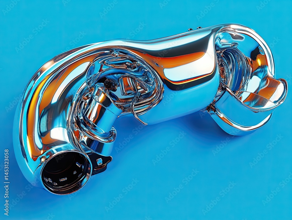 Poster abstract chrome metallic object with curved pipe design on a blue background reflecting light. it pr