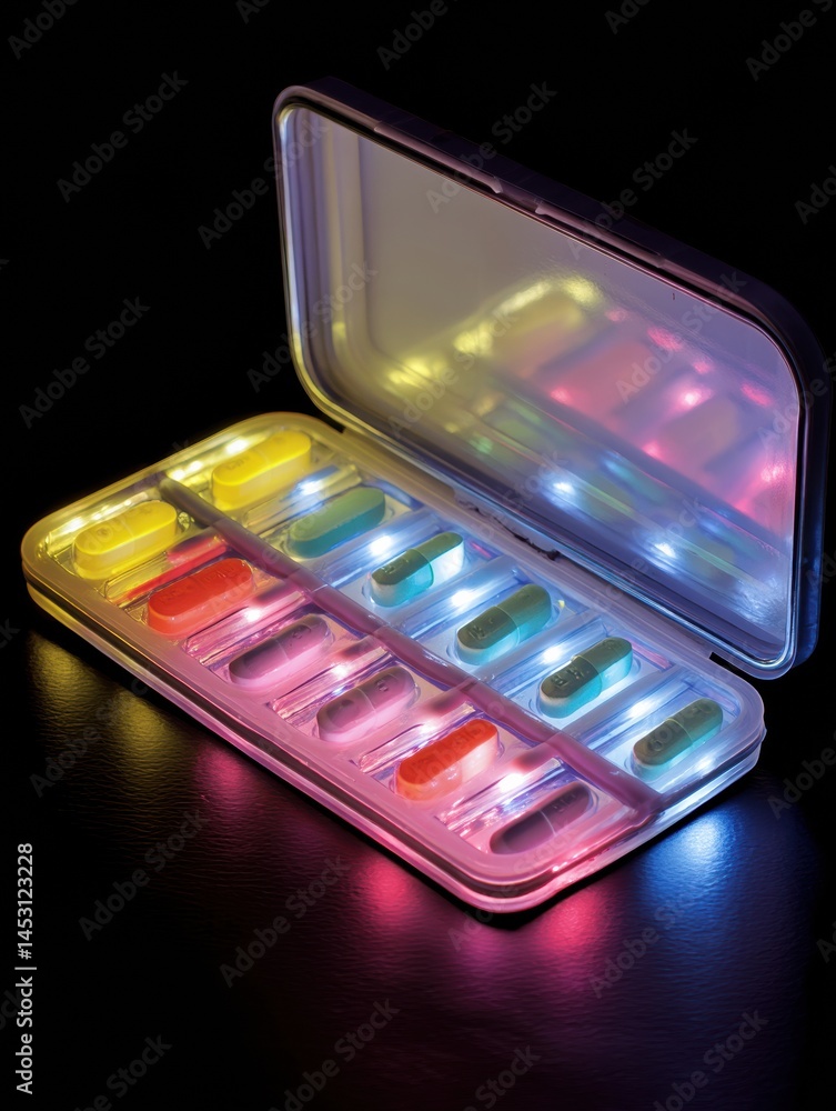 Poster bright illuminated pill pack with taken slots showcasing a variety of colored capsules in a dark set