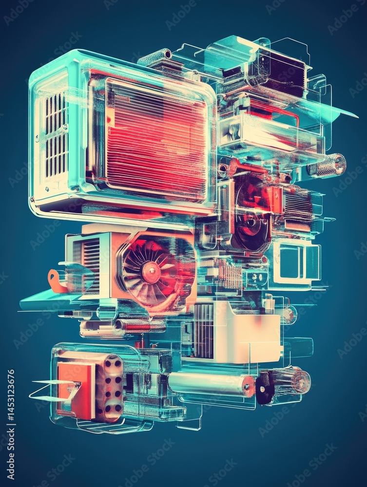 Poster abstract digital composition with geometric shapes and mechanical elements on dark teal background
