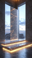 Clear glass podium with smooth edges illuminated from below, sleek minimalist design, soft shadows on light gray surface, modern product display concept, clean and elegant