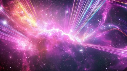 Nebulous cloud of glowing fibre optic light stretching across three dimensional abstract background with cosmic energy swirls and colourful laser beams