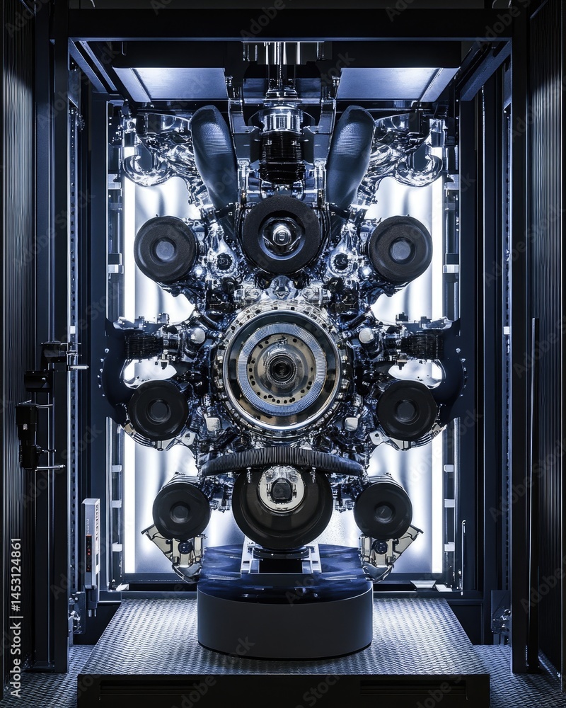 Poster abstract mechanical composition in a dark environment illuminated by blue lights. the central design