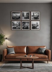 Elegant brown leather couch, wooden dining table, black & white photos adorn grey wall ,  frame,  arrangement,  interior