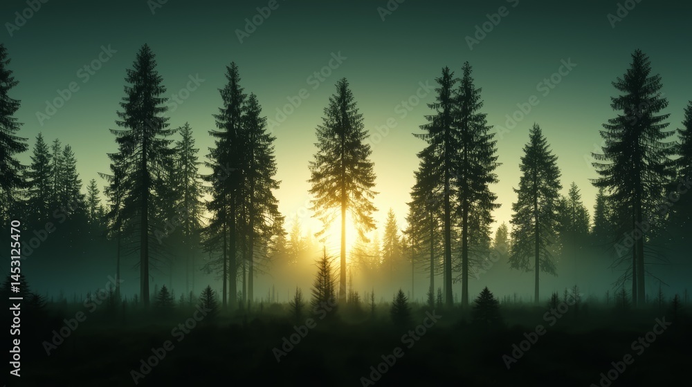 Poster Forest with trees in the background and a sun in the foreground. The sun is shining through the trees, creating a warm and peaceful atmosphere