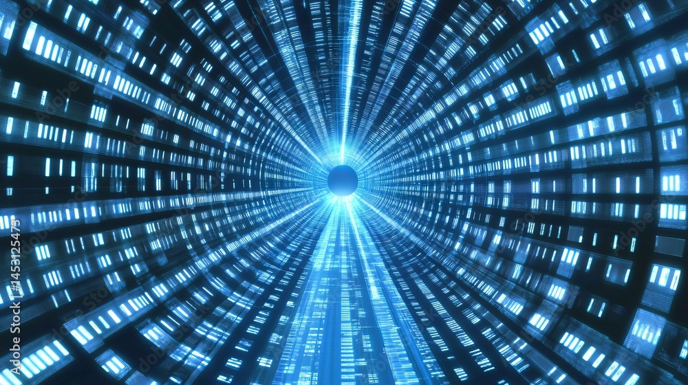 Aufkleber abstract blue digital tunnel data stream technology background fi sci code neon cyber space light