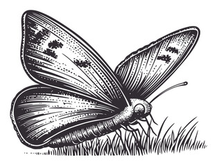 Intricate Black and White Illustration of a Butterfly with Grass