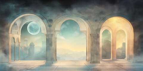 arched hallway, architectural arches, soft lighting, hanging lanterns, winter ambiance, elegant corridor, fantasy architecture, dreamy interior, serene scene, watercolor style, vaulted ceiling