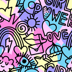 Seamless pattern with hand draw words, hearts and signs. Bright  Abstract print on rainbow background for fabric, wrapping, textile, wallpaper, apparel. Vector illustration for teen girl.