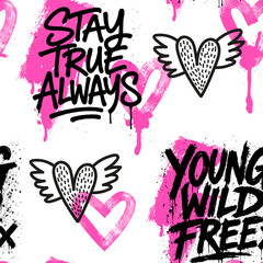 Abstract seamless pattern with urban graffiti words. Grunge texture background. Wallpaper for girl. Fashion teen style