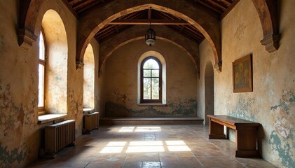 Fototapeta premium Rustic Eastern European church interior, weathered walls, icons, eastern europe, wood