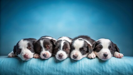 Obraz premium Adorable Sleeping Border Collie Puppies on Blue Background - Stock Photo