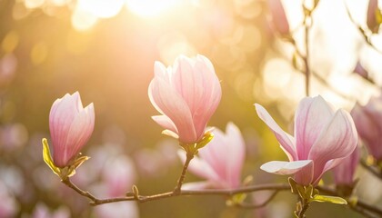 Obraz premium Sunlit pink magnolia blossoms in warm glowing light