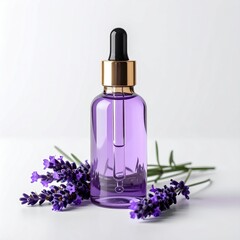 Lavender essential oil bottle with dropper and fresh lavender flowers on white background