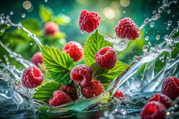 Aerial Drone Shot: Juicy Raspberries Splashing in Cool Water - Refreshing Summer Fruit