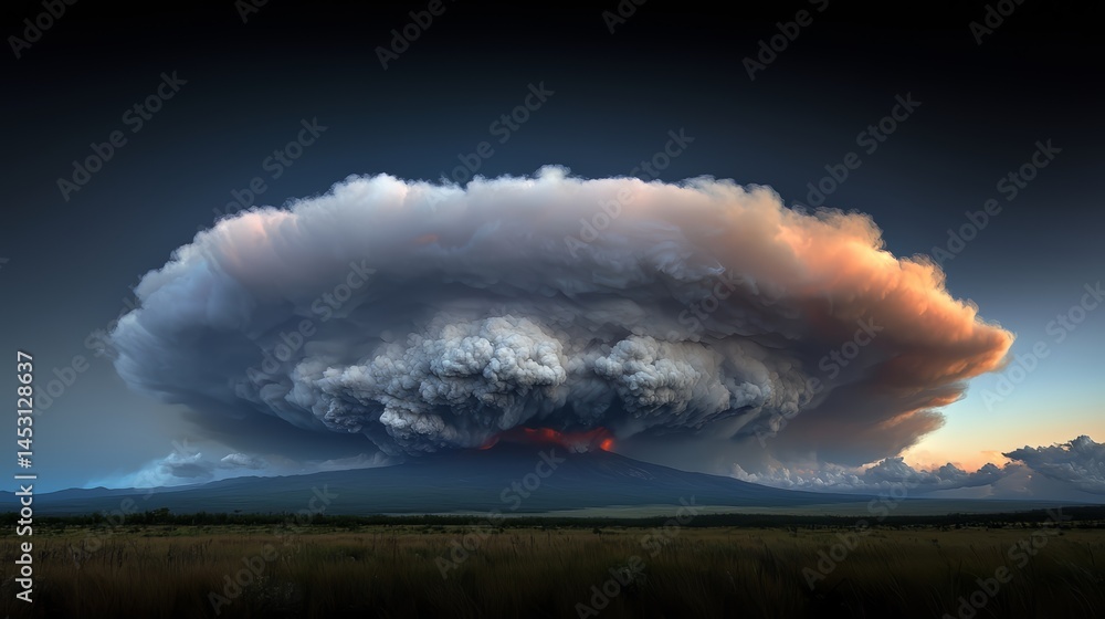 Poster large cloud of smoke is rising from a volcano. the sky is dark and the clouds are thick, creating a 