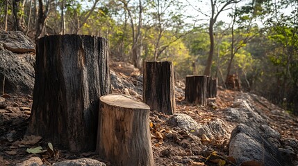 Obraz premium Environmental Impact of Deforestation: A Devastated Forest Landscape Showing Tree Cutting and Signs of Ecological Pollution