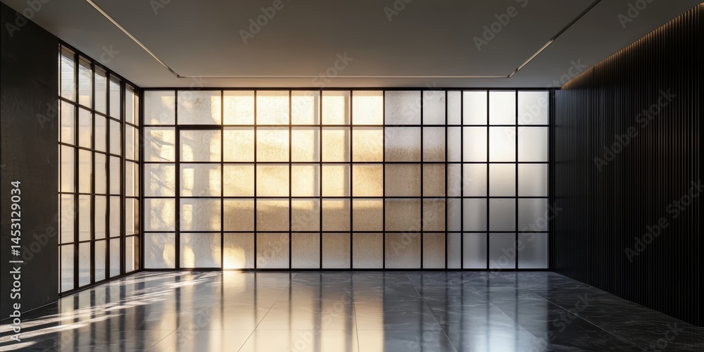 Poster Large room with a lot of windows and a black wall. The room is empty and the sunlight is shining through the windows