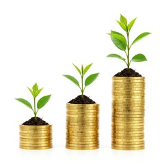 Plant growing from coins stacks on white background