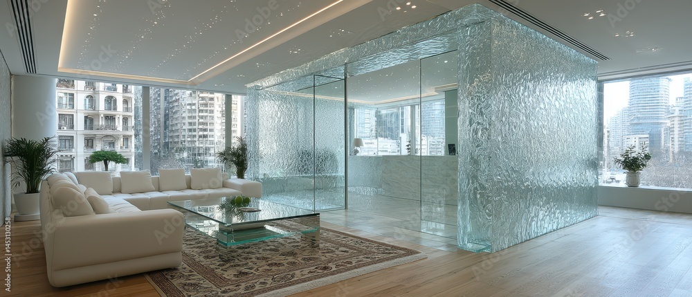 Poster elegant reception area with glass partition and modern design in urban environment for professional 