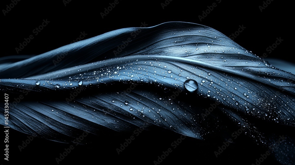 Poster leaf with water droplets on it. the water droplets are small and scattered, giving the impression of