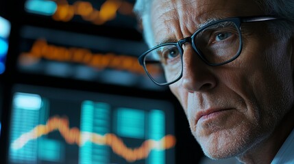 Serious senior man analyzing financial data charts graphs screen face work stock market office