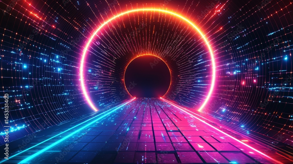 Poster neon colored tunnel with a red and blue light. the tunnel is dark and the light is glowing