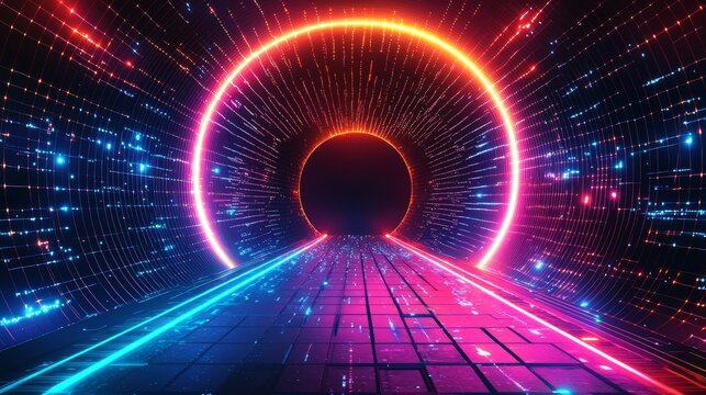 Neon colored tunnel with a red and blue light. The tunnel is dark and the light is glowing - Powered by Adobe