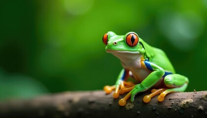 Fototapeta premium Green tree frog perched on white, vibrant skin , animal, reptile