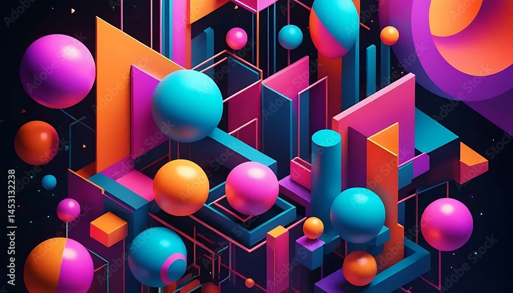 Poster a vibrant array of geometric shapes and spheres creates a playful, modern, abstract composition.