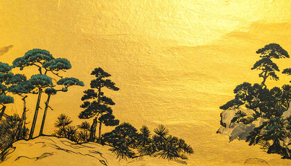 金屏風の松林の絵の背景。壁紙。金の和紙。Background of a pine forest painting on a gold folding screen. Wallpaper. Gold washi paper.