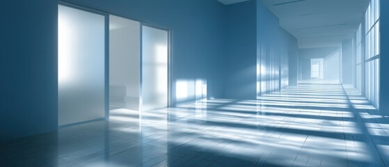 Fototapeta premium Modern Office Interior with Frosted Glass Doors and Shadow Play in a Calm and Bright Workspace Environment