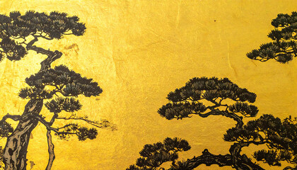 金屏風の松林の絵の背景。壁紙。金の和紙。Background of a pine forest painting on a gold folding screen. Wallpaper. Gold washi paper.