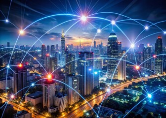 Obraz premium Aerial View of City at Night, Cybersecurity Network Protection, Data Security, Digital Crime Prevention