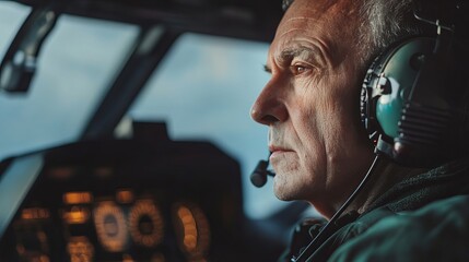 Experienced pilot in cockpit serious focused expression man air sky male view panel older flight