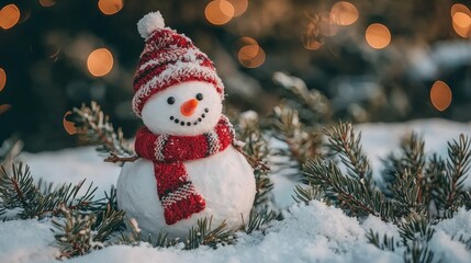 Festive snow sculpture nestled amongst wintry greenery.