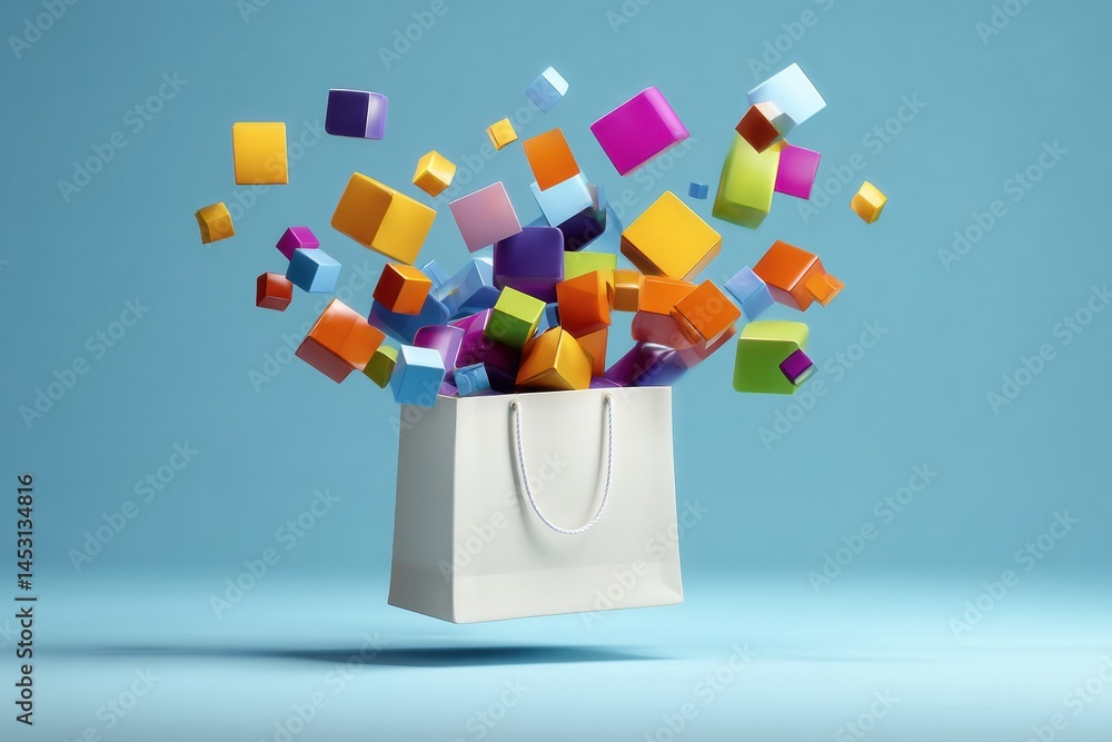 Poster abstract shopping bag surrounded by colorful floating parcels in a vibrant, playful setting generati