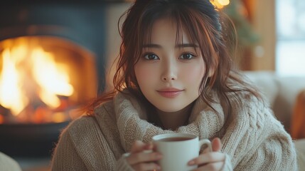 Cozy Winter Evening: Woman by Fireplace with Warm Drink